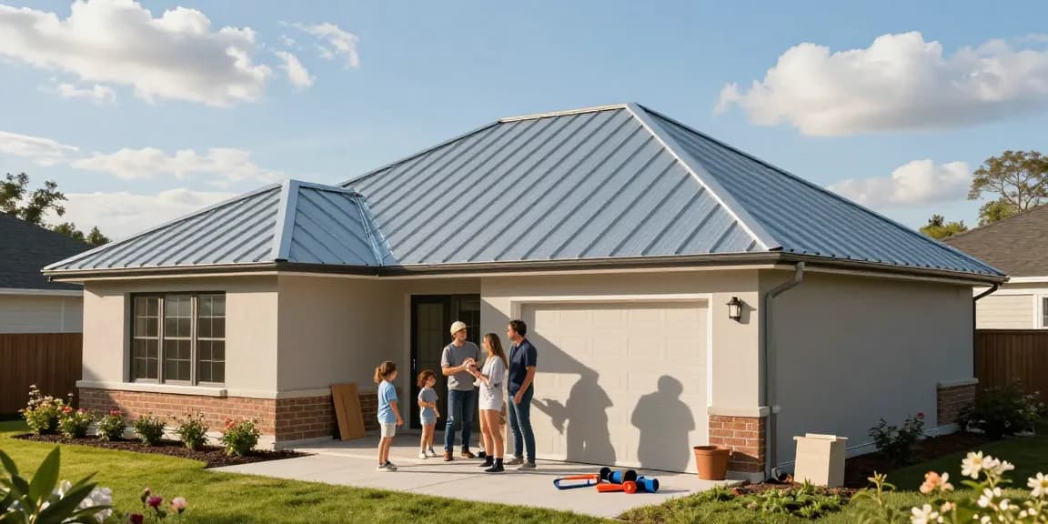 Homeowners consulting with a standing seam roofing company outside a modern house, showcasing the durable metal roof.