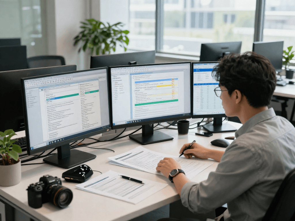 Document fraud detection analysis in a professional office with charts and software displays.