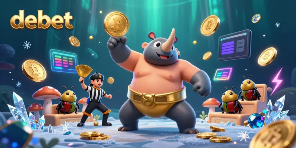 Join the debet gaming action with rhinoceros beetle sumo champion and glowing crypto coins.