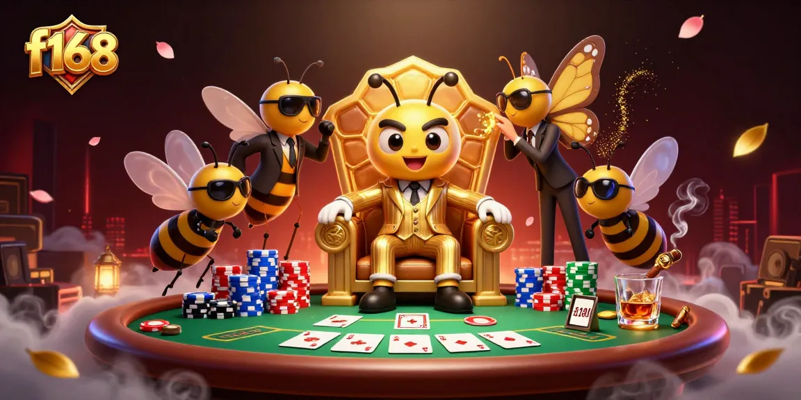 Engage with f168's thrilling poker atmosphere featuring a bumblebee mob boss and lush casino elements.