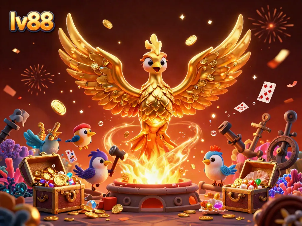 Experience the thrill of casino gaming with lv88, featuring a golden phoenix and vibrant treasures.