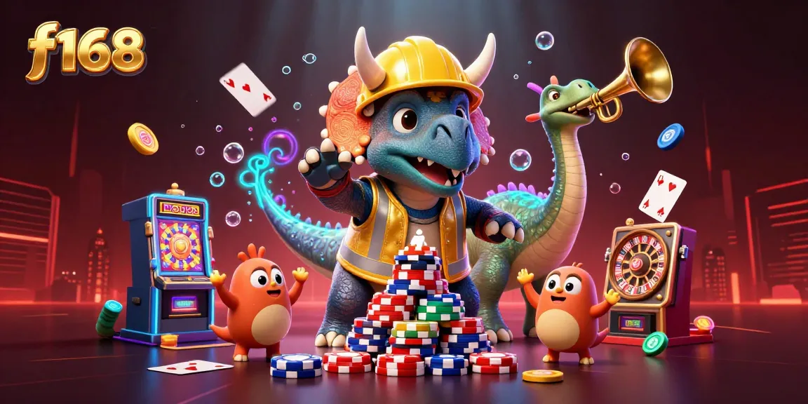 Win big with f168 at the vibrant casino scene featuring a triceratops celebrating victory.
