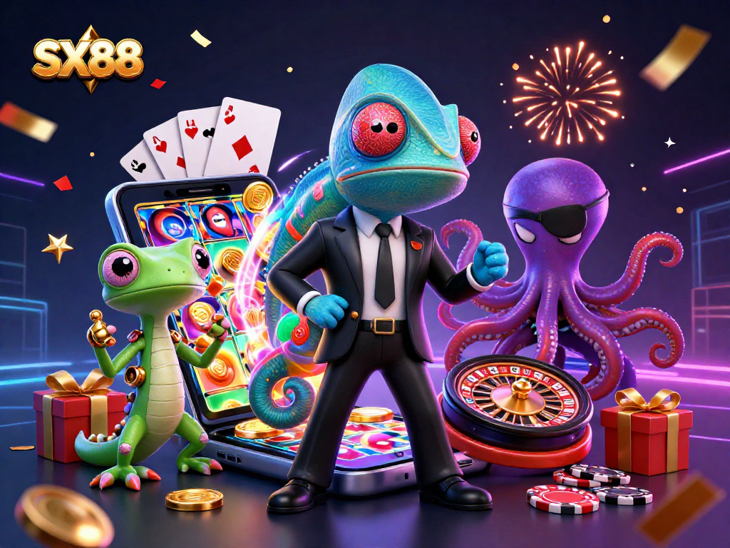SX88 offers thrilling gaming action with a colorful slot game amidst dynamic casino characters.