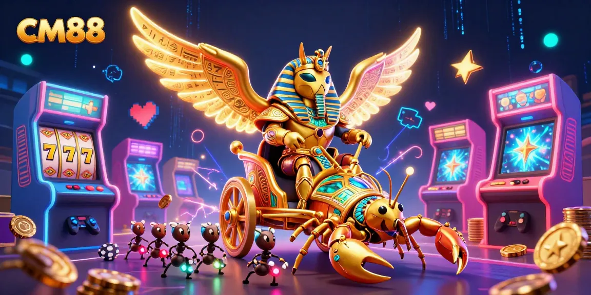 Experience thrilling gameplay at cm88 with a dynamic scene of a colossal scarab beetle, scorpion chariot, and poker chip-bearing ants.