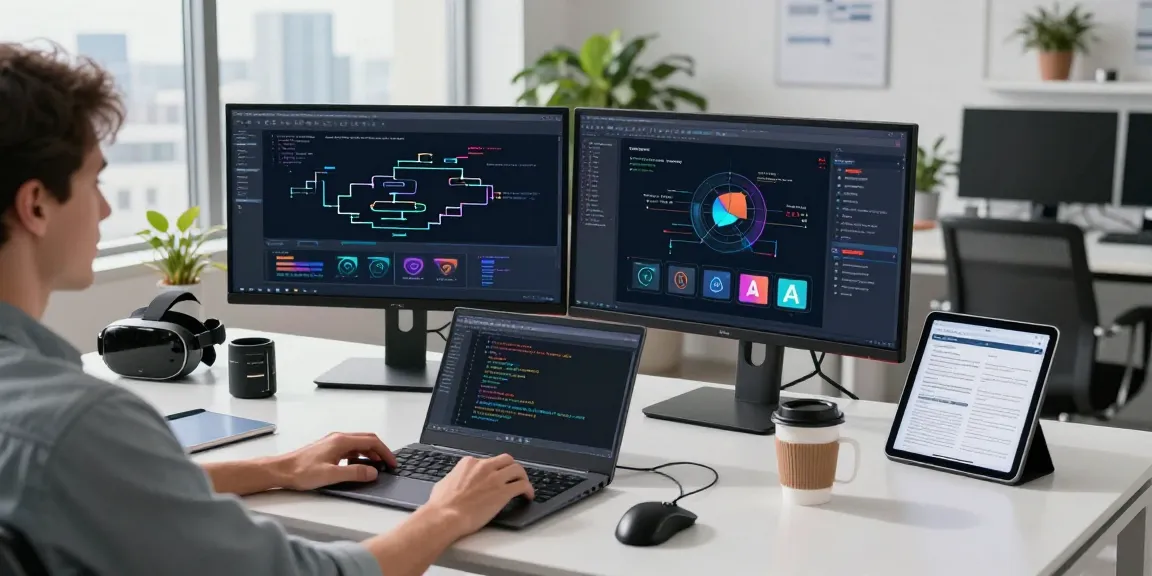 Developer engaged in creating agentic AI systems at a modern workspace with city view.
