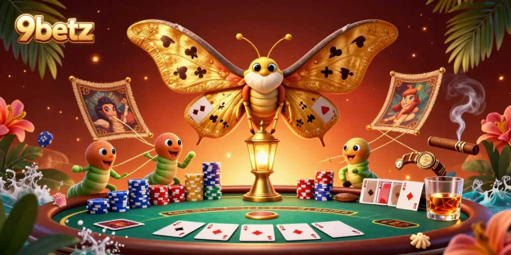 Experience 9betz with a vibrant 3D casino scene featuring an atlas moth and poker elements.
