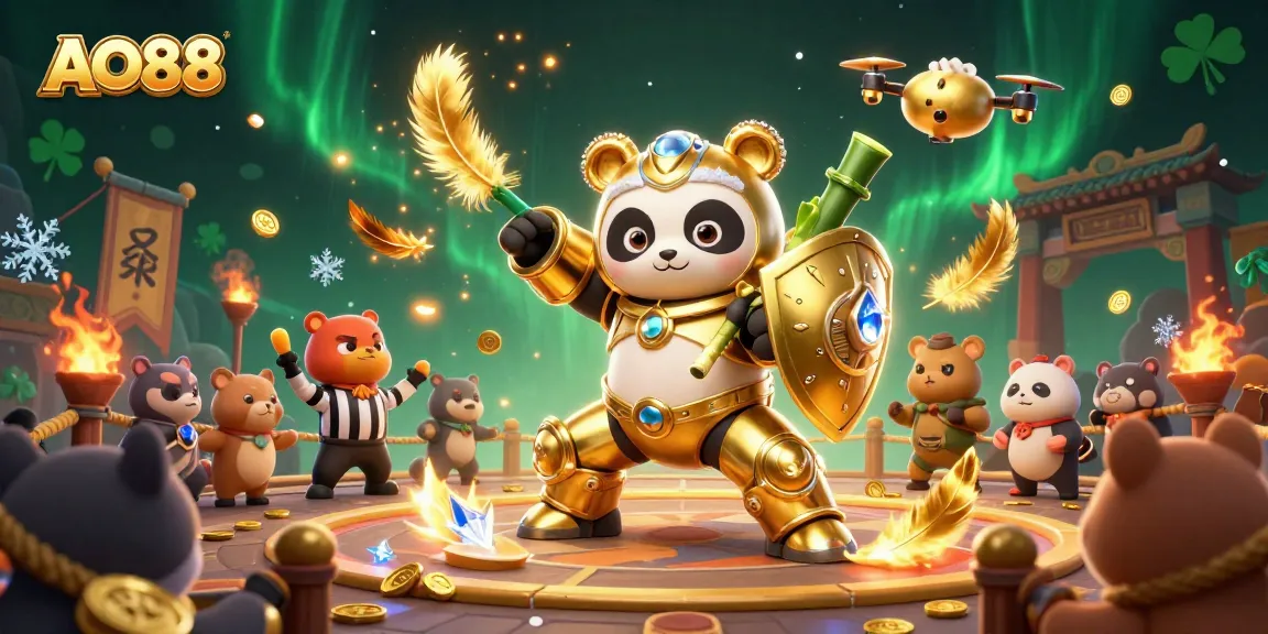 Experience the excitement at AO88 with the golden panda robot in an exhilarating 3D casino arena.