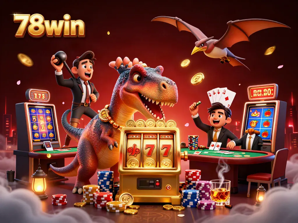 78win casino scene with dinosaurs featuring glorious slot machine wins and vibrant game elements.