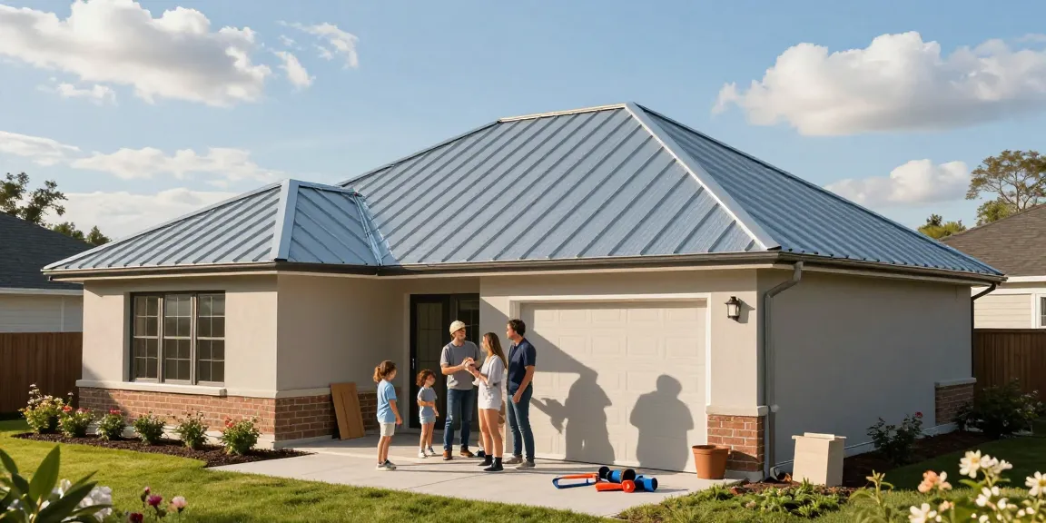 Homeowners consulting with a standing seam roofing company outside a modern house, showcasing the durable metal roof.