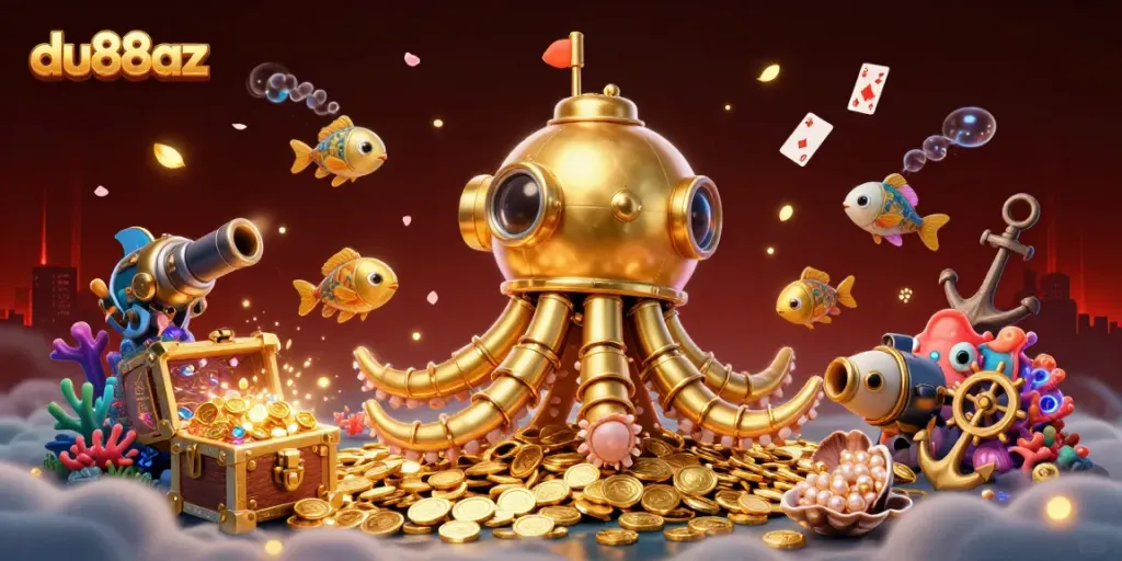 Experience the thrill of du88az with a vibrant, immersive underwater scene featuring a golden kraken submarine and mechanical fish.