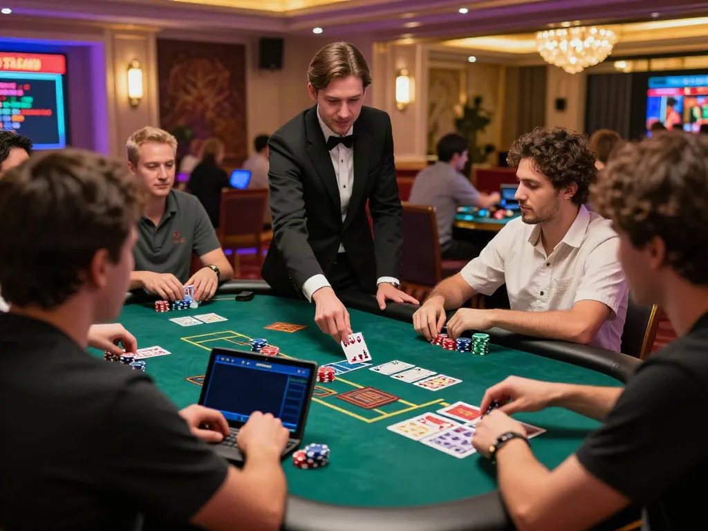 Engaged players at TA88 live casino table with vibrant lighting and interactive dealer experience.