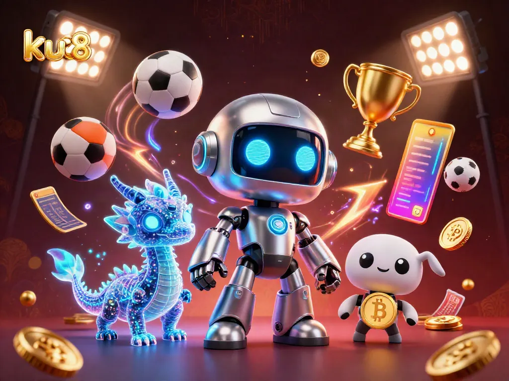 Experience the excitement of ku88 with a dynamic 3D casino scene featuring robots and sports elements.