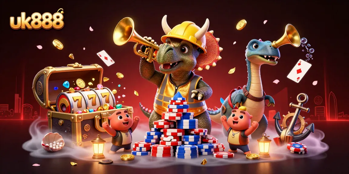 Experience excitement with uk888 as cartoon triceratops builds poker chips with celebrations around!