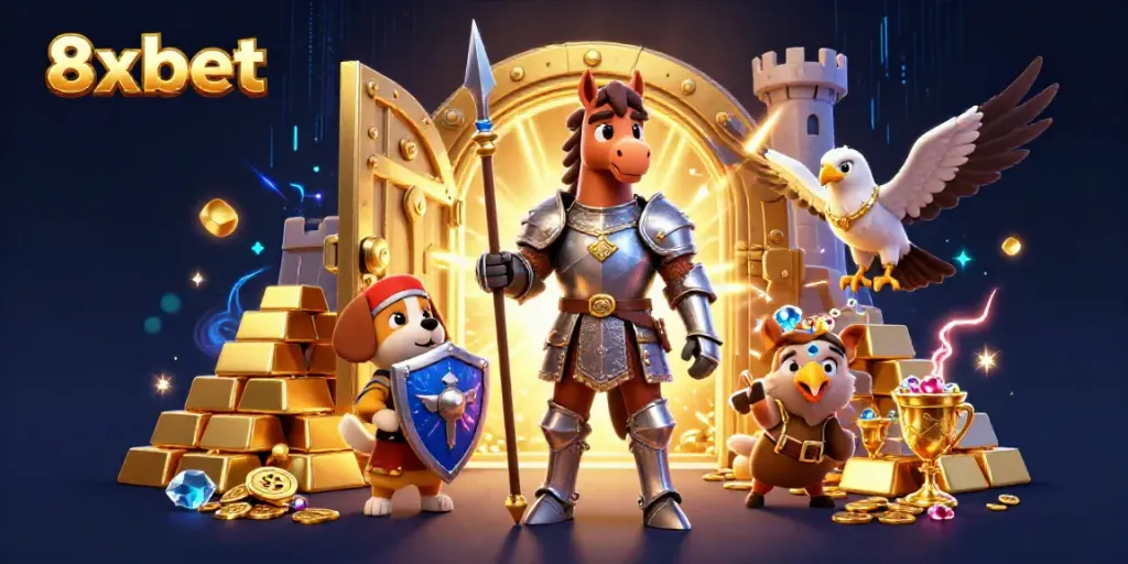 Engage with the excitement of 8xbet's dynamic gaming scene featuring medieval characters and treasures.