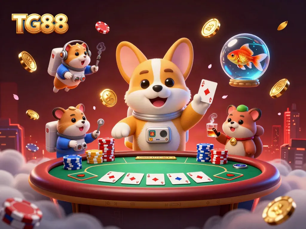 Enjoy TG88's exciting gaming atmosphere with a playful astronaut corgi and colorful casino elements.