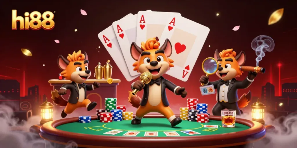 Engage in hi88's thrilling comedy casino featuring hyenas with poker and drinks.