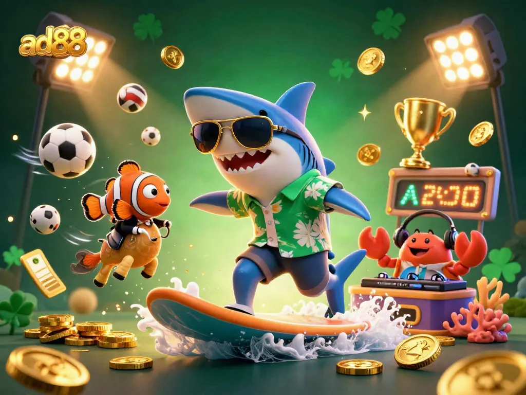 Engage with ad88's thrilling casino experience featuring a shark surfing on gold coins amidst vibrant gaming elements.