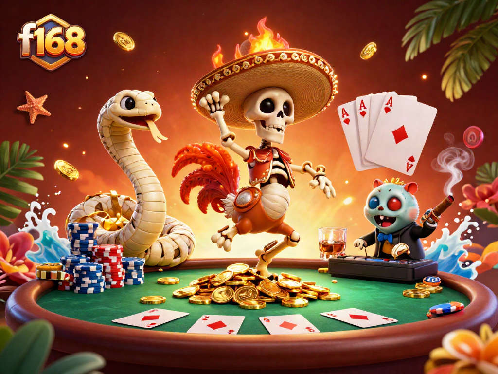 Celebrate wins with f168, featuring lively 3D casino characters around vibrant poker tables and stacks of chips.