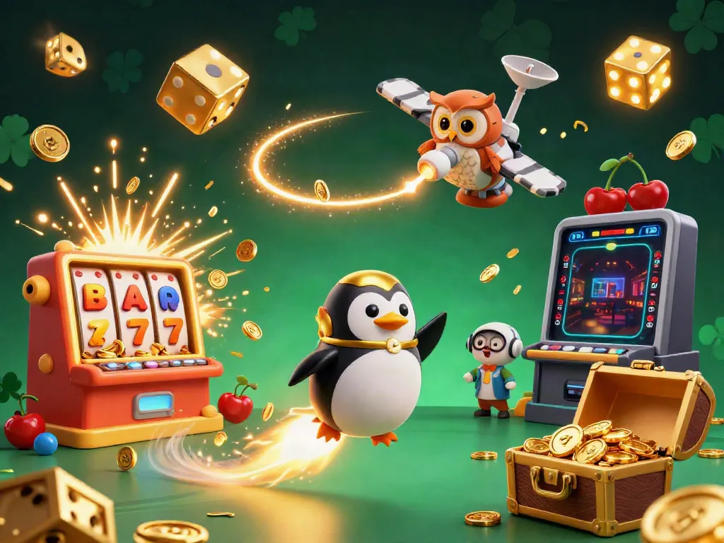 Experience luck with the explosive excitement of luck8 as a golden penguin blasts through a vibrant casino-themed universe.