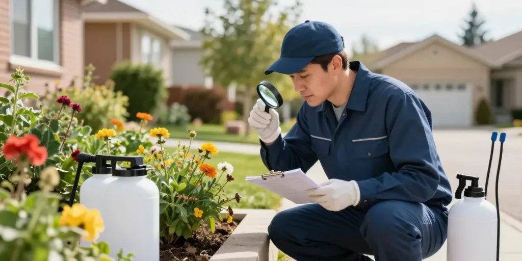 Calgary pest control technician inspecting garden plants for pests