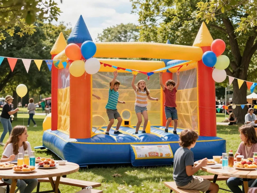 Kids bouncing with joy in a colorful bounce castle at a lively outdoor birthday party.