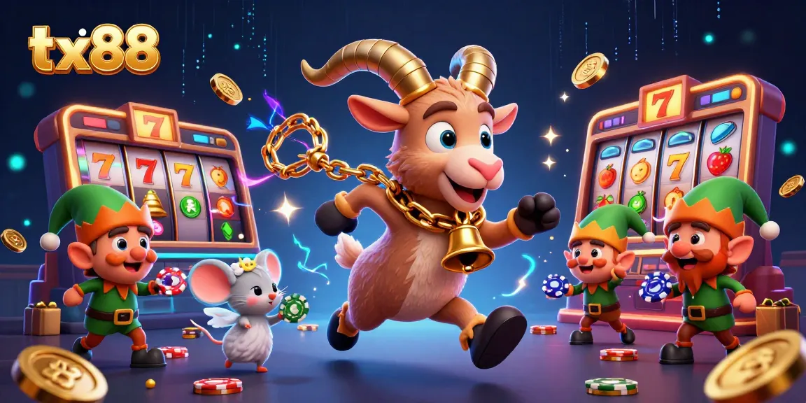 Join the festive chaos at link tx88 with Krampus and elves in a vibrant casino setting.