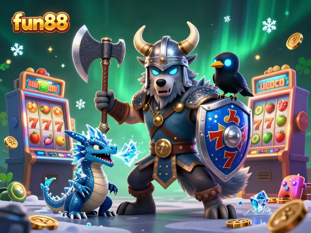 Engage with fun88's exciting slots through a vibrant 3D illustration featuring Viking, dragon, and raven.