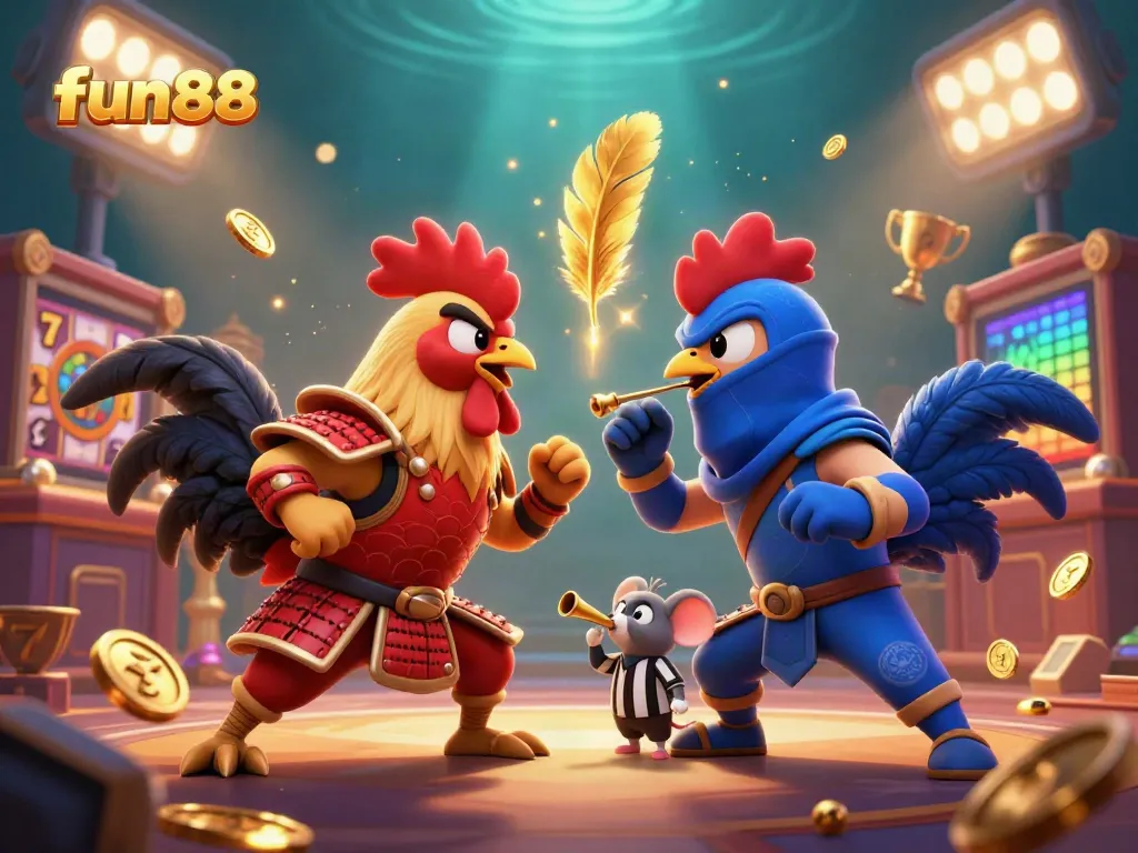 Engage with fun88's vibrant online casino atmosphere featuring cartoon roosters in action.