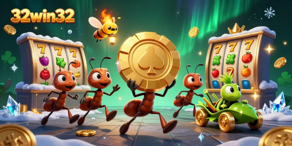 Experience the thrill of a heist with 32win32 as ants steal a giant golden poker chip amidst dynamic casino elements.