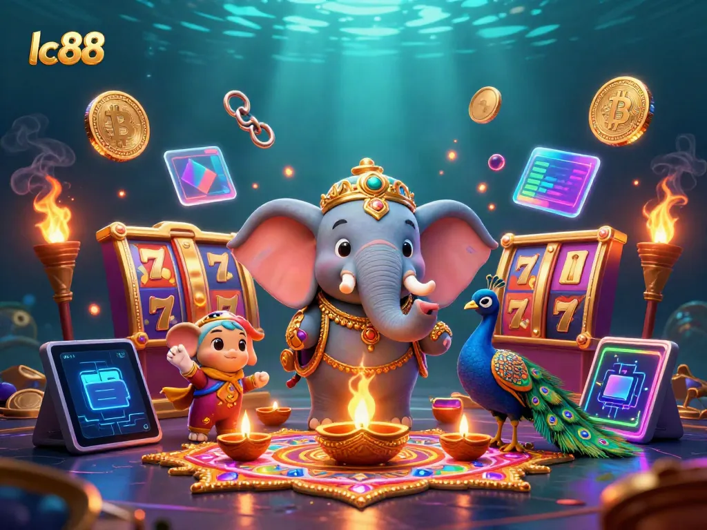 Engage with the vibrant lc 88 casino experience featuring a Diwali-themed elephant and crypto elements.
