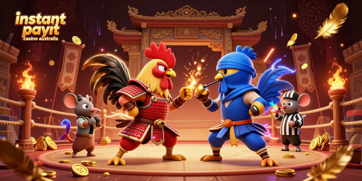 Experience the excitement of instant payout casino Australia with this dynamic 3D illustration featuring fierce roosters.