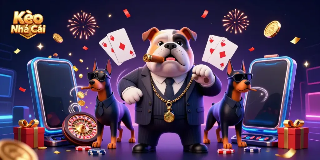 Experience the excitement of Kèo Nhà Cái with a mafia bulldog and Dobermans in a vibrant casino scene.