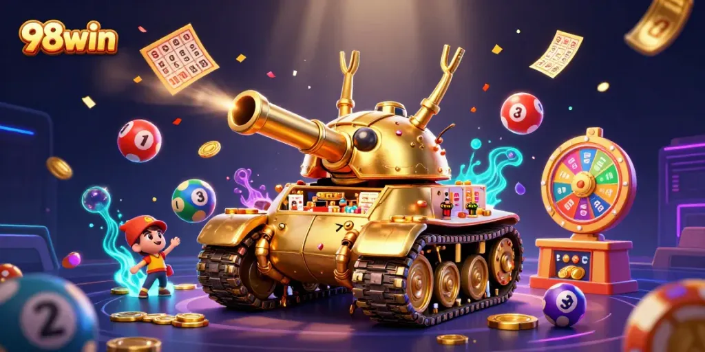 Experience excitement at 98win with a vibrant digital casino scene full of colorful elements.