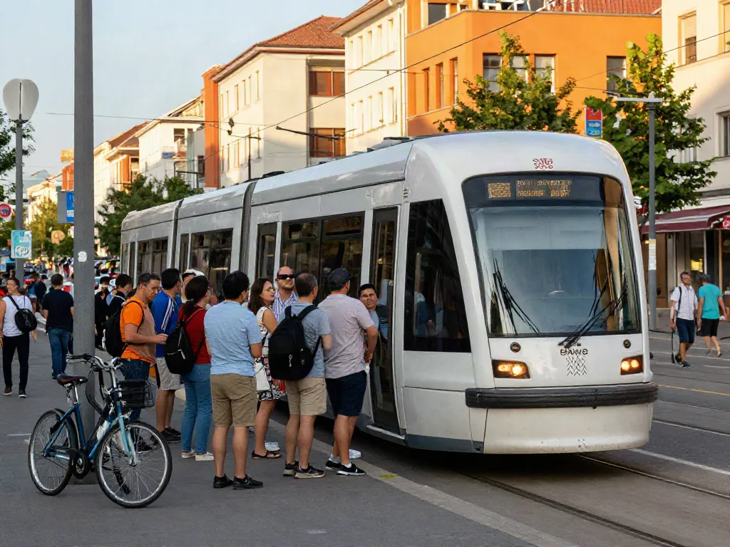 Streetcar at bustling city scene promoting public transit efficiency at streek.ca.