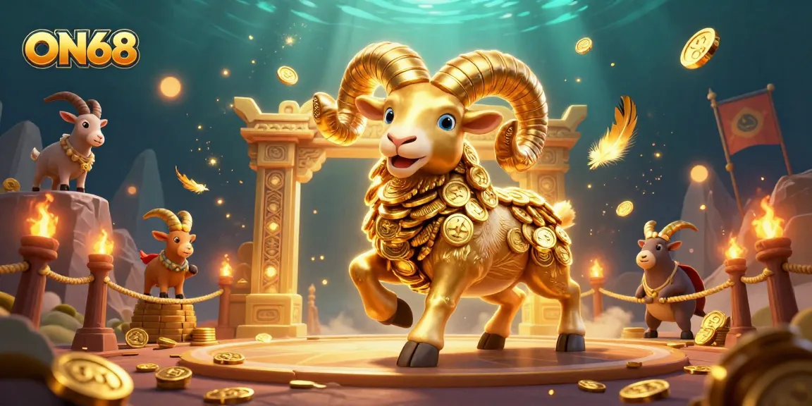 Experience the thrill of ON68 with a dynamic scene featuring a massive golden ram charging through a golden gate amidst swirling golden feathers and ember particles.