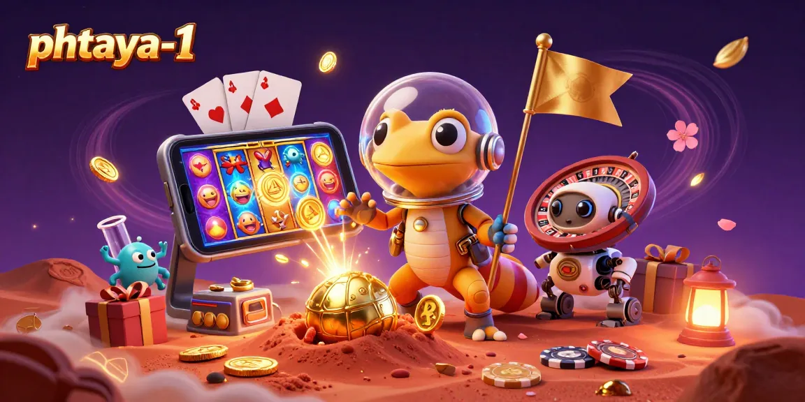 PHTAYA-1 showcases an adventurous Martian gecko investing in a golden casino amidst a lively slot game explosion.