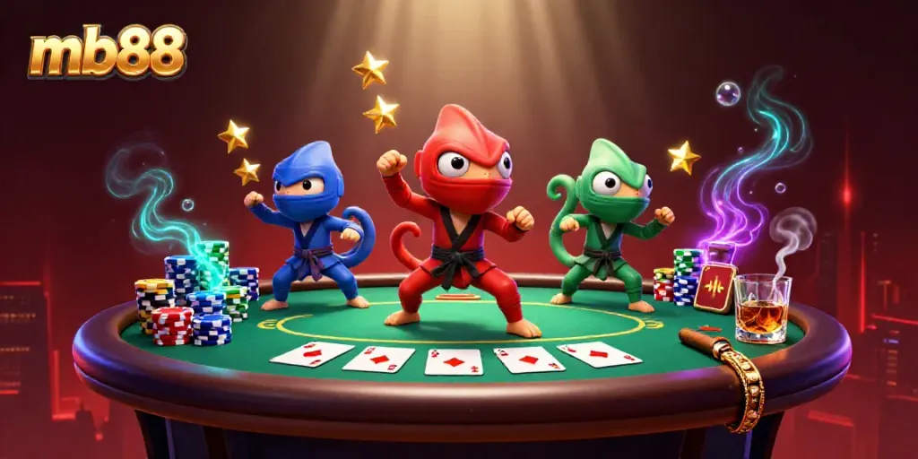 Engage in thrilling poker action with mb88 as ninja chameleons showcase martial arts with poker chips.
