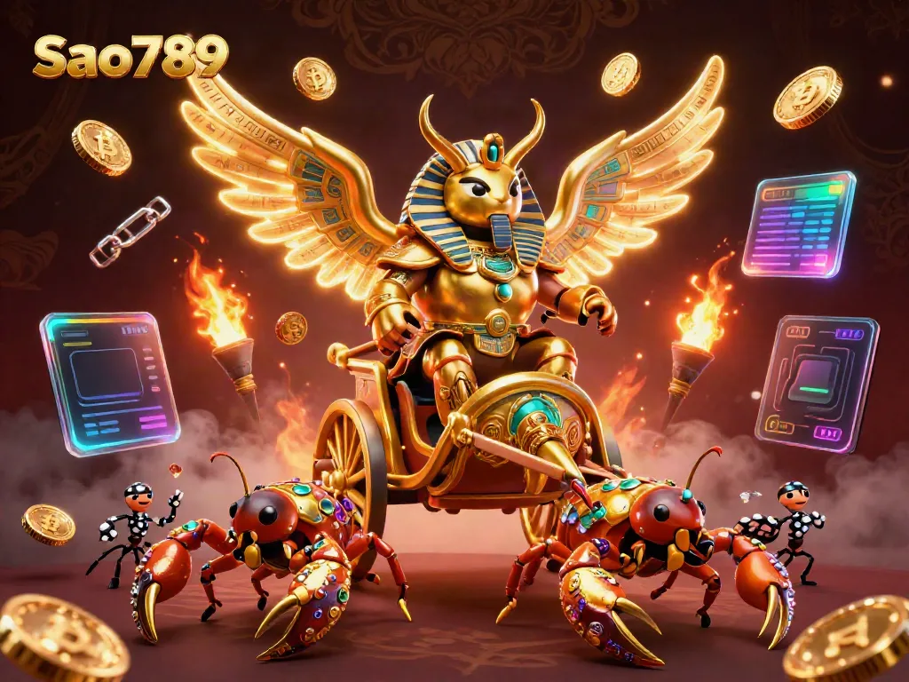 Sao789 offers thrilling gameplay with golden scarab beetle and vibrant crypto elements in this dynamic casino scene.