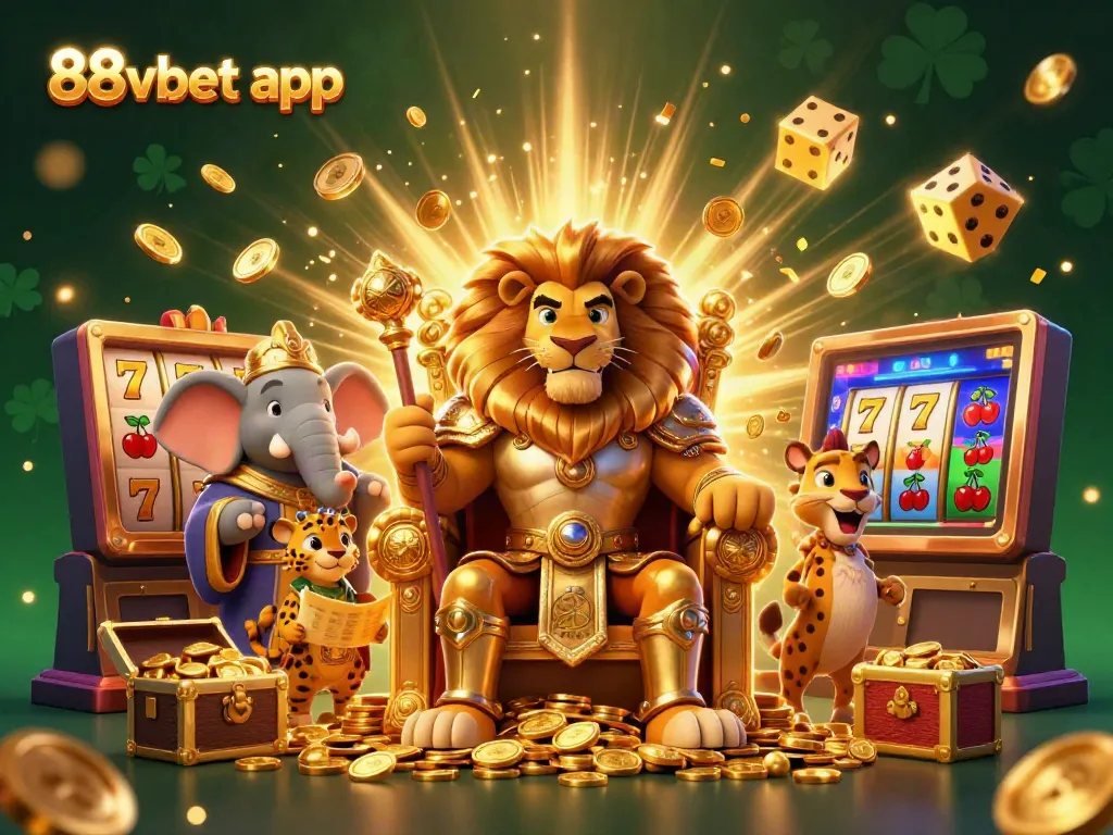 Experience the thrill of winning with 88vbet app's vibrant game scene featuring a lion king, elephant advisor, and cheetah messenger.