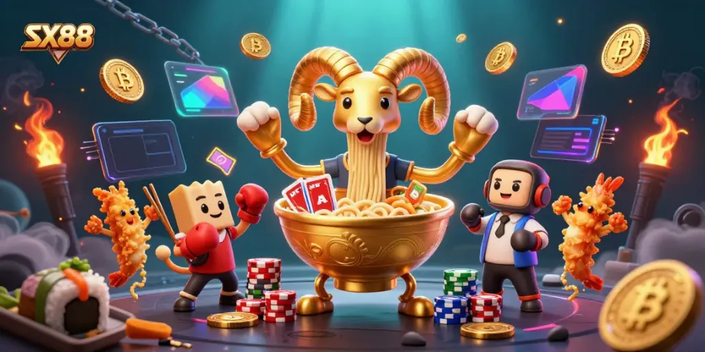 Engage with SX88's thrilling atmosphere featuring a giant ramen bowl dealer and vibrant casino elements.