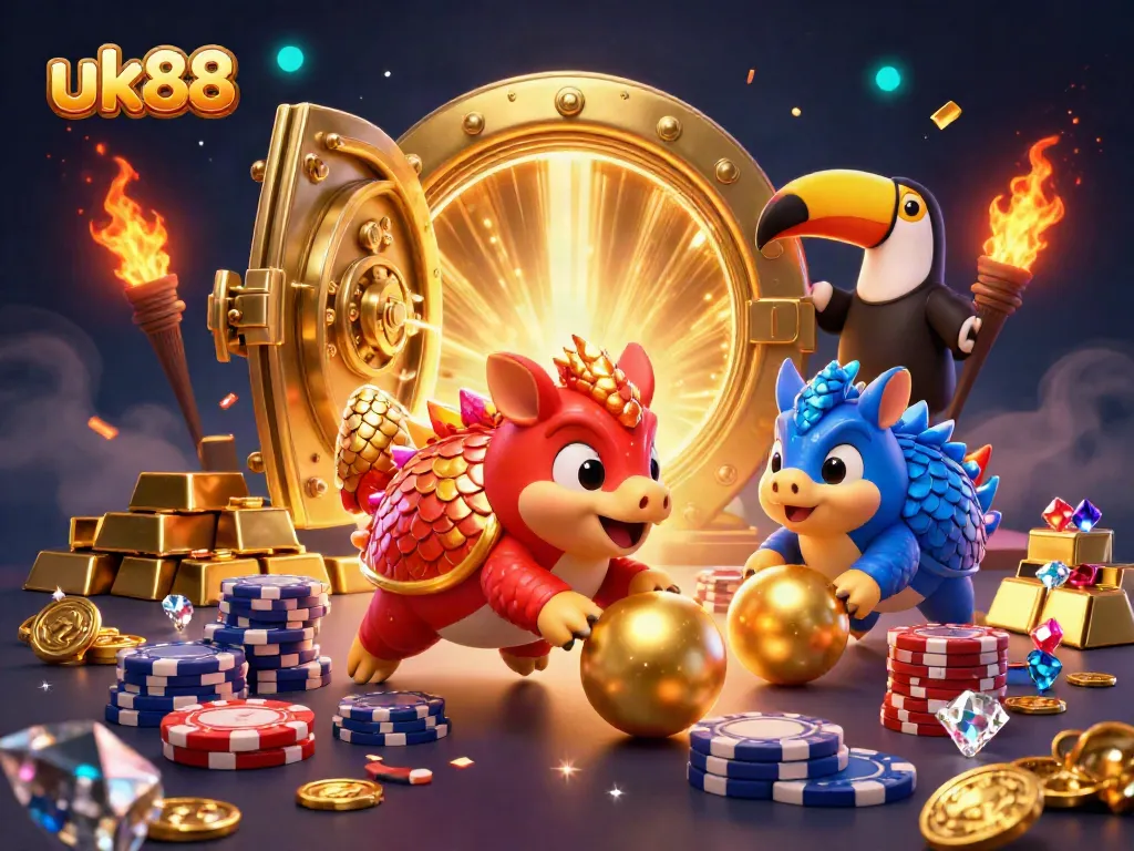 Engaging scene of uk88's dynamic pangolins bowling with poker chips amidst gold treasures, showcasing vibrant casino energy.