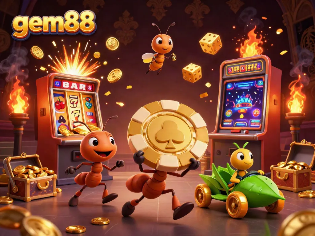 Join the gem88 heist as cartoon ants carry a giant poker chip through a vibrant casino scene.