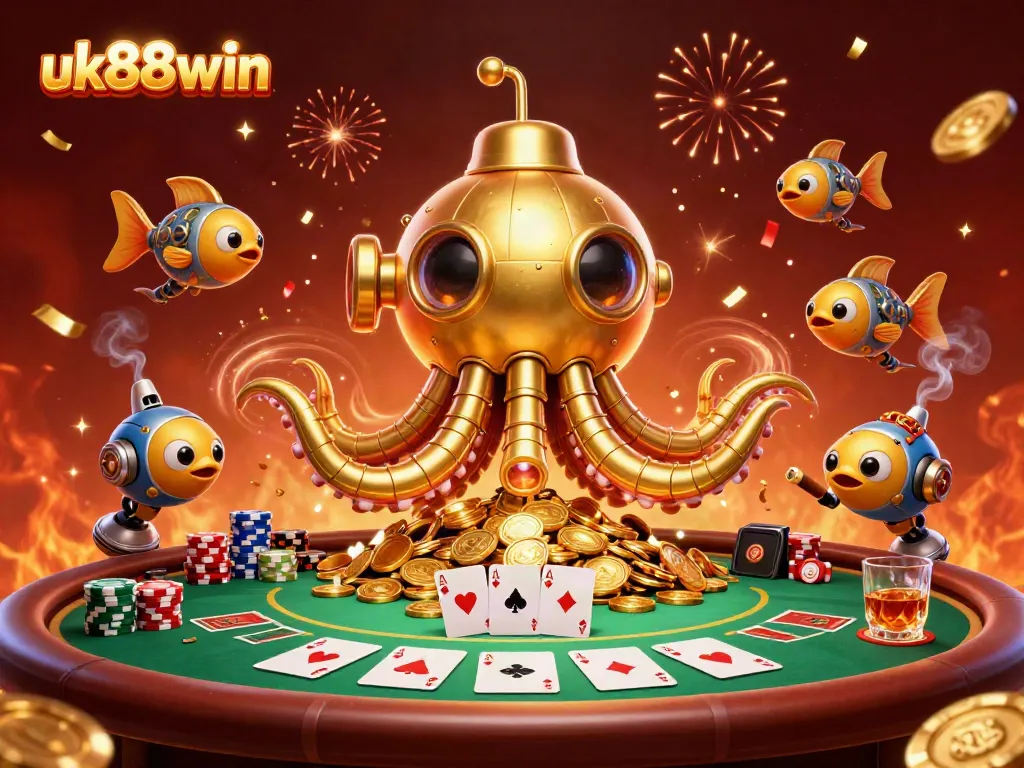 Experience excitement at uk88win with a golden kraken submarine surrounded by poker elements and dazzling effects.