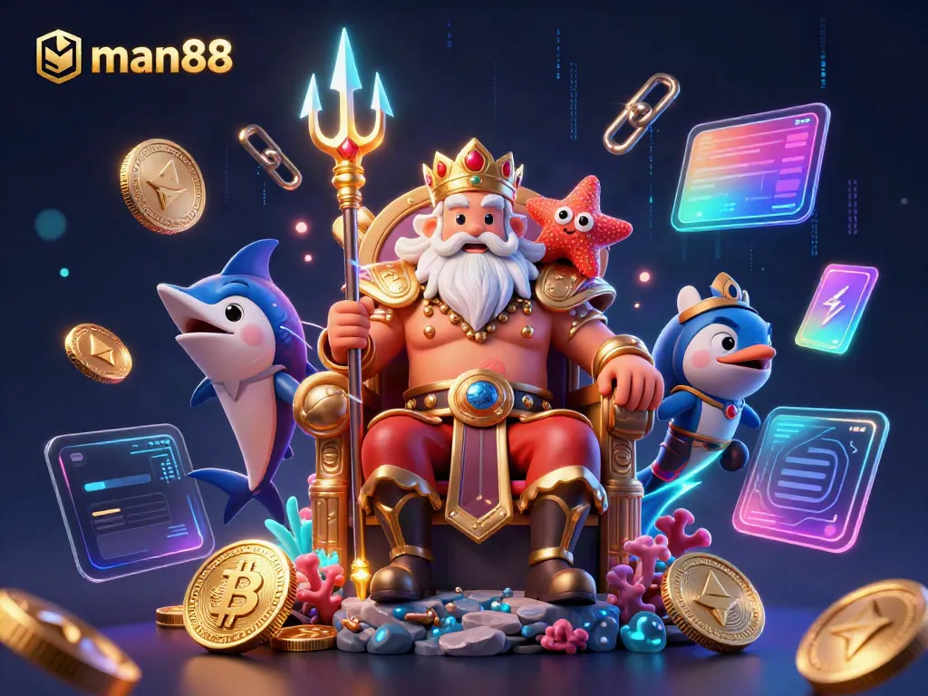 Experience thrilling gaming adventures with Man88 through vibrant 3D illustrations showcasing exciting casino elements.