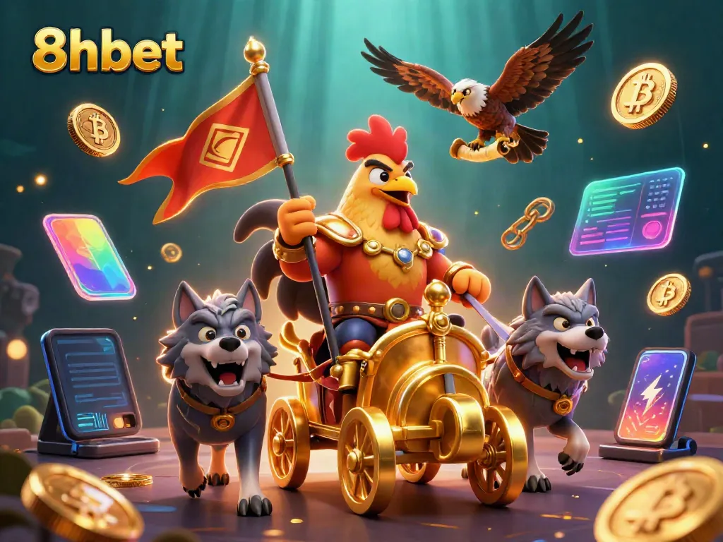 Engage with 8xbet through vibrant 3D action featuring a rooster warlord in a captivating casino setting.