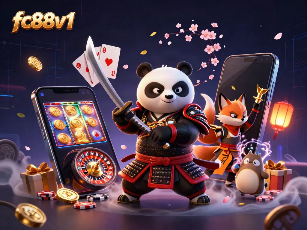Experience the fc88v1 adventure with a dynamic illustration of samurai panda and ninja fox in a vibrant casino setting.
