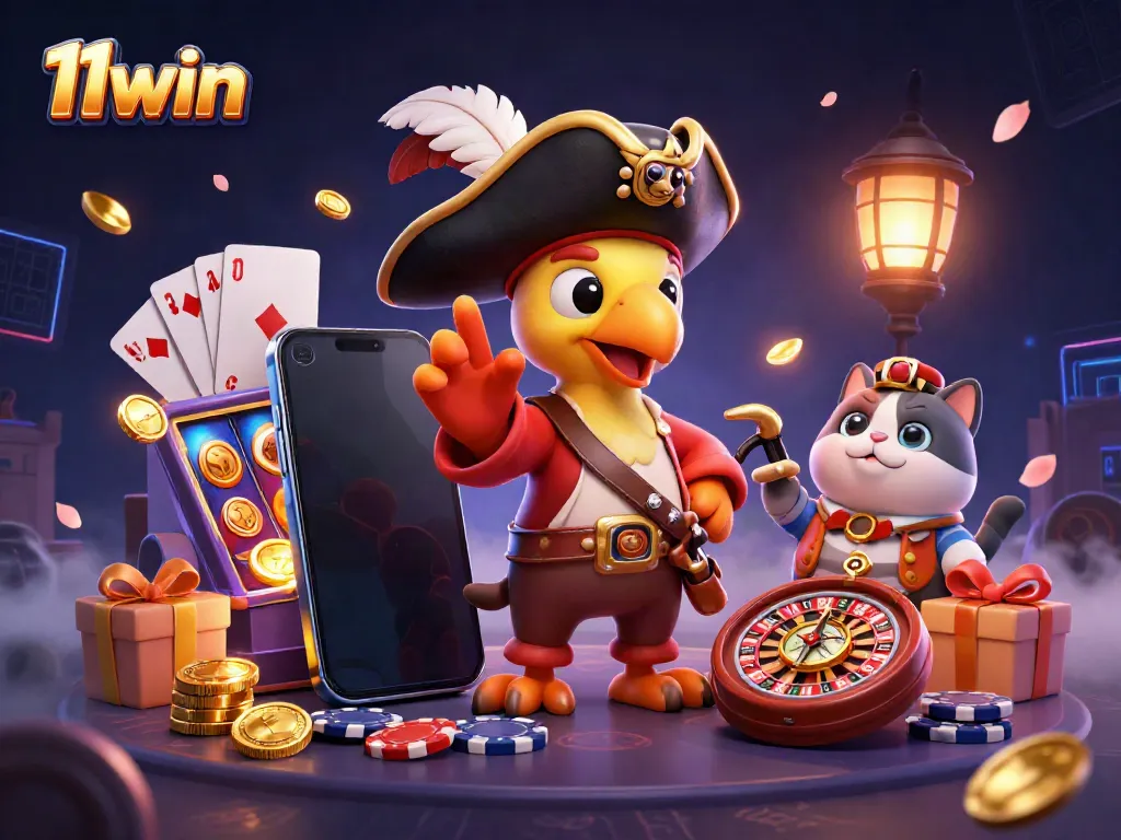 Engage with the vibrant world of 11win, featuring a pirate captain and companions amidst dynamic gaming elements.
