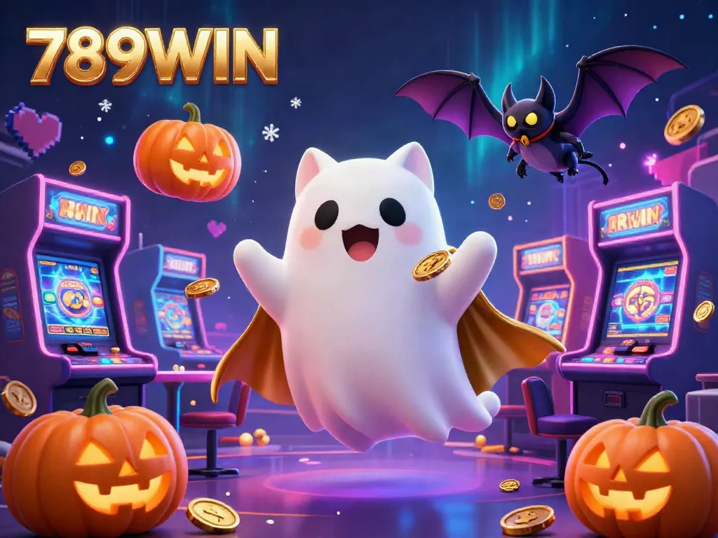 Engage in thrilling gaming at 789WIN with a vibrant illustration featuring a ghost cat and vampire bat in a colorful casino.