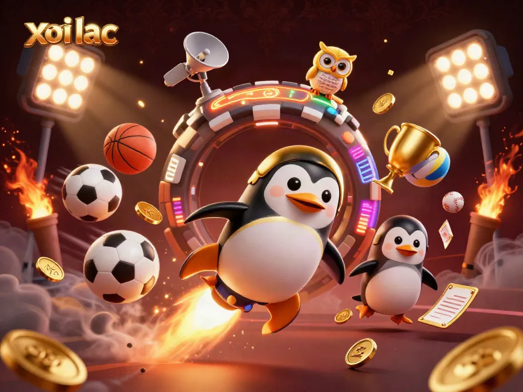 Xoi lac delivers thrilling sports betting experiences, featuring a golden penguin and vibrant sports imagery.