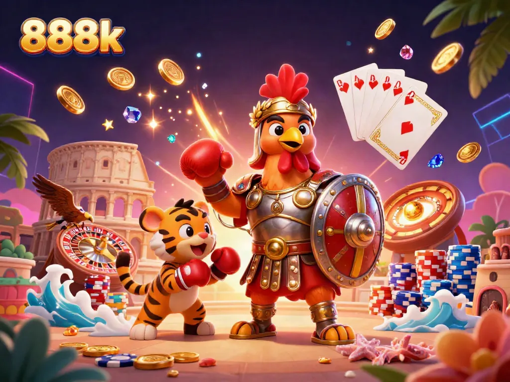 Engage with 888k's vibrant casino scene showcasing a rooster warrior in action.